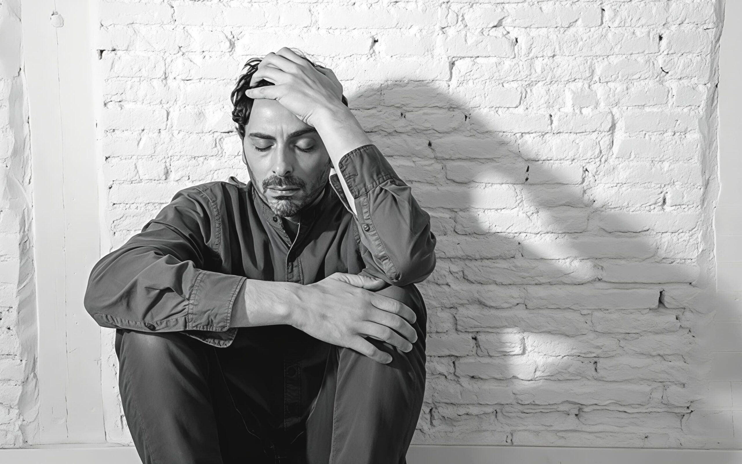 Man sitting on the ground with hand on face, looking exhausted and stressed